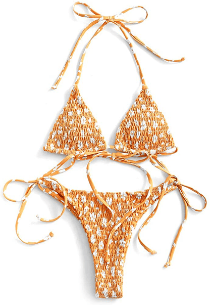 ZAFUL Women's Halter Neck Tie Side String Triangle Bikini Set Two Piece Swimsuit Apparel & Accessories > Clothing > Swimwear ZAFUL Ditsy-orange Medium 