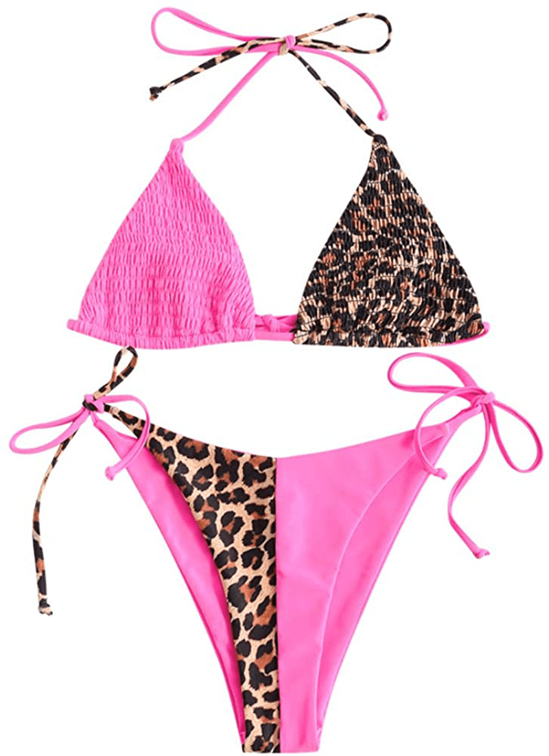 ZAFUL Women's Halter Neck Tie Side String Triangle Bikini Set Two Piece Swimsuit Apparel & Accessories > Clothing > Swimwear ZAFUL Leopard-light Pink Medium 
