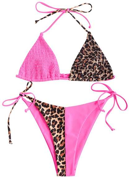 ZAFUL Women's Halter Neck Tie Side String Triangle Bikini Set Two Piece Swimsuit Apparel & Accessories > Clothing > Swimwear ZAFUL Leopard-light Pink Medium 