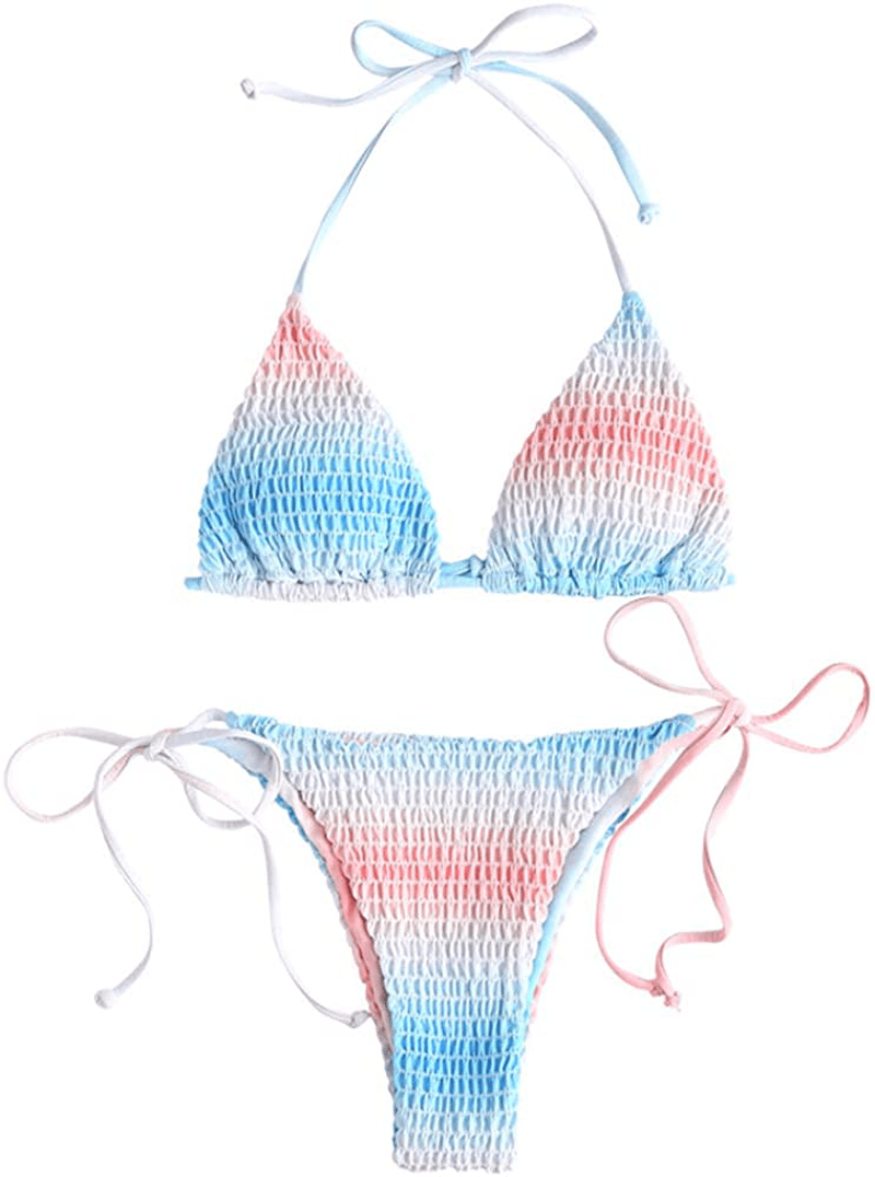 ZAFUL Women's Halter Neck Tie Side String Triangle Bikini Set Two Piece Swimsuit Apparel & Accessories > Clothing > Swimwear ZAFUL Rainbow-light Blue Medium 