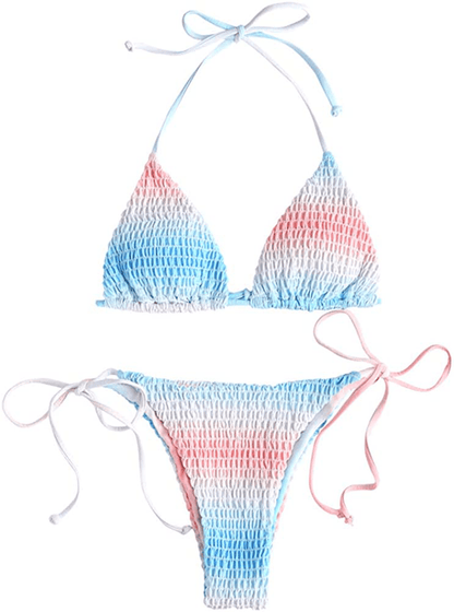 ZAFUL Women's Halter Neck Tie Side String Triangle Bikini Set Two Piece Swimsuit Apparel & Accessories > Clothing > Swimwear ZAFUL Rainbow-light Blue Medium 