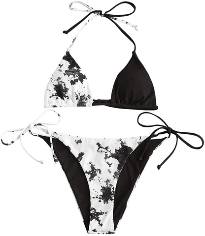 ZAFUL Women's Halter Neck Tie Side String Triangle Bikini Set Two Piece Swimsuit Apparel & Accessories > Clothing > Swimwear ZAFUL Ribbed-black Small 
