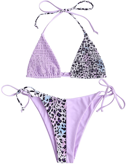 ZAFUL Women's Halter Neck Tie Side String Triangle Bikini Set Two Piece Swimsuit Apparel & Accessories > Clothing > Swimwear ZAFUL Leopard-mauve Small 