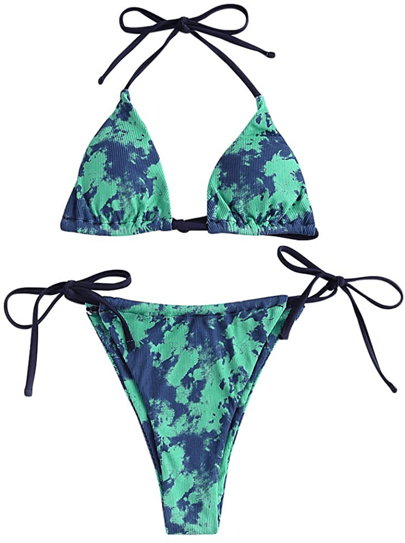 ZAFUL Women's Halter Neck Tie Side String Triangle Bikini Set Two Piece Swimsuit Apparel & Accessories > Clothing > Swimwear ZAFUL Tie Dye2-green Medium 
