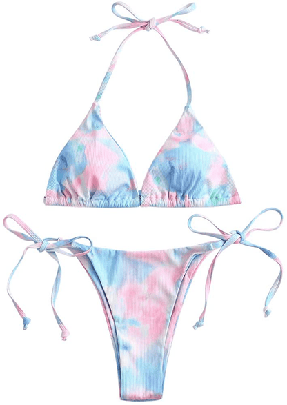 ZAFUL Women's Halter Neck Tie Side String Triangle Bikini Set Two Piece Swimsuit Apparel & Accessories > Clothing > Swimwear ZAFUL Tie Dye-light Blue Large 