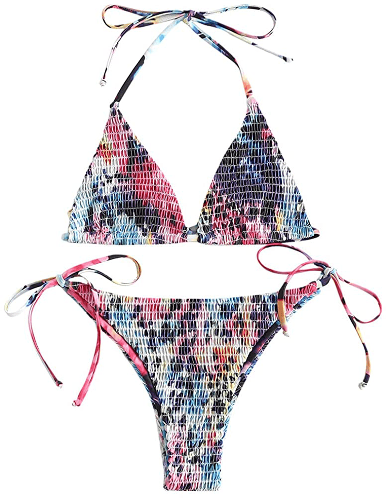 ZAFUL Women's Halter Neck Tie Side String Triangle Bikini Set Two Piece Swimsuit Apparel & Accessories > Clothing > Swimwear ZAFUL Leopard-multi Small 