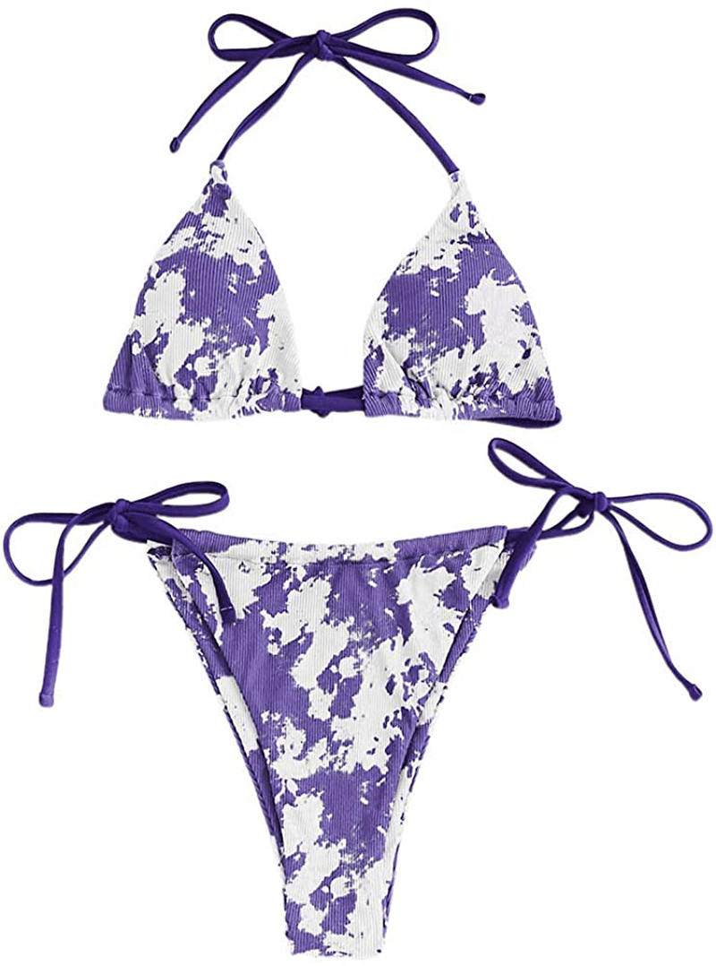 ZAFUL Women's Halter Neck Tie Side String Triangle Bikini Set Two Piece Swimsuit Apparel & Accessories > Clothing > Swimwear ZAFUL Tie Dye2-purple Medium 