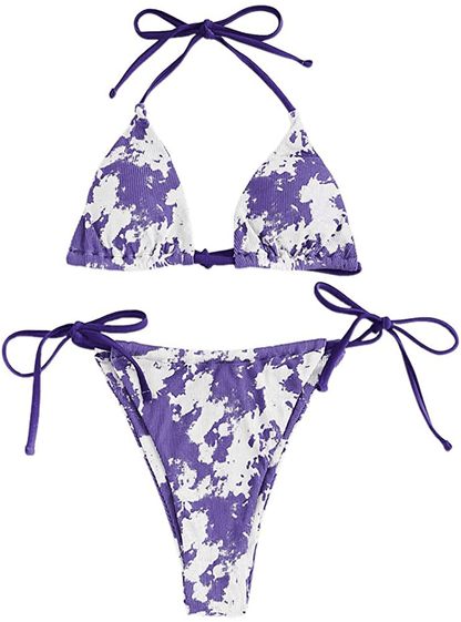 ZAFUL Women's Halter Neck Tie Side String Triangle Bikini Set Two Piece Swimsuit Apparel & Accessories > Clothing > Swimwear ZAFUL Tie Dye2-purple Medium 