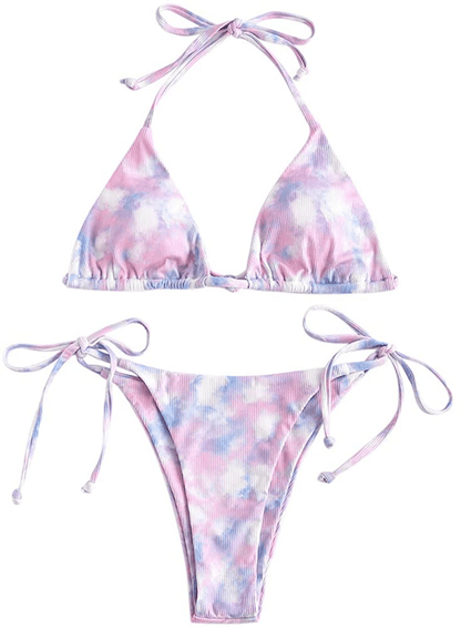 ZAFUL Women's Halter Neck Tie Side String Triangle Bikini Set Two Piece Swimsuit Apparel & Accessories > Clothing > Swimwear ZAFUL Tie Dye-light Purple Medium 