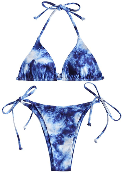 ZAFUL Women's Halter Neck Tie Side String Triangle Bikini Set Two Piece Swimsuit Apparel & Accessories > Clothing > Swimwear ZAFUL Tie Dye-blue Small 