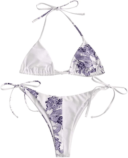 ZAFUL Women's Halter Neck Tie Side String Triangle Bikini Set Two Piece Swimsuit Apparel & Accessories > Clothing > Swimwear ZAFUL Dragon-white Purple Large 