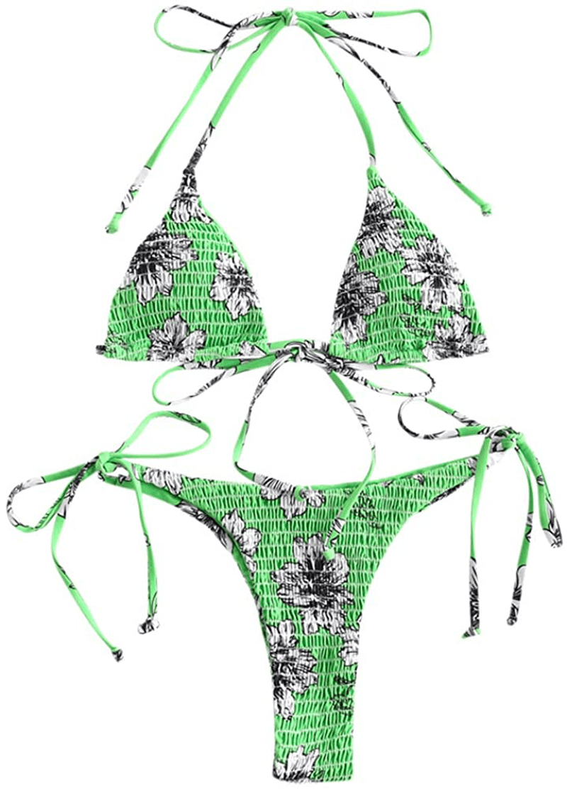 ZAFUL Women's Halter Neck Tie Side String Triangle Bikini Set Two Piece Swimsuit Apparel & Accessories > Clothing > Swimwear ZAFUL Ditsy-green Small 