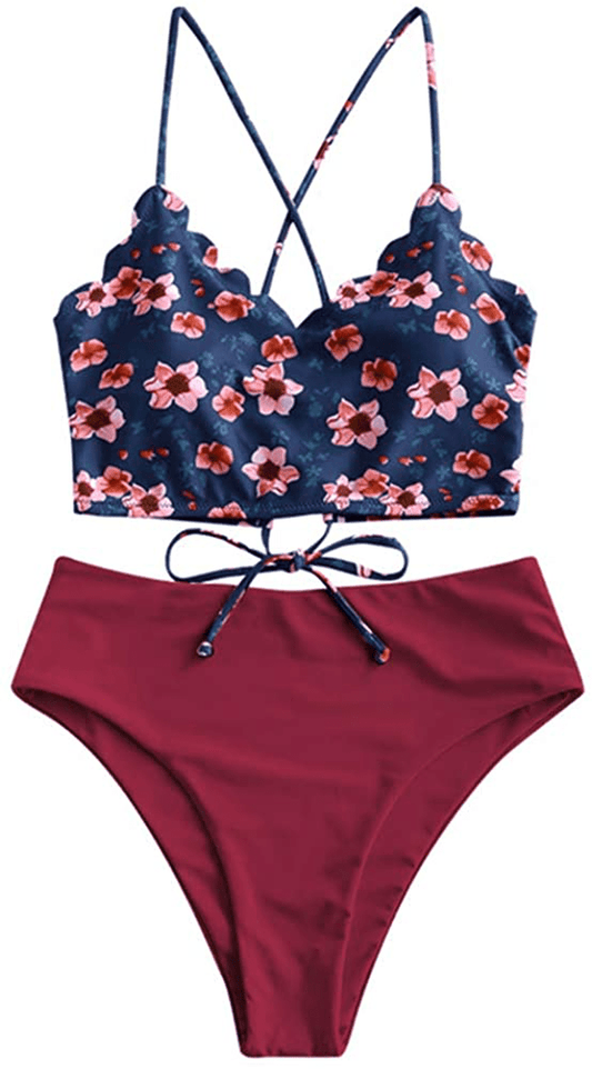 ZAFUL Women's High Waisted Wide Strap Adjustable Back Lace-up Bikini Set Swimsuit Apparel & Accessories > Clothing > Swimwear ZAFUL Blue&red Wine-floral Small 