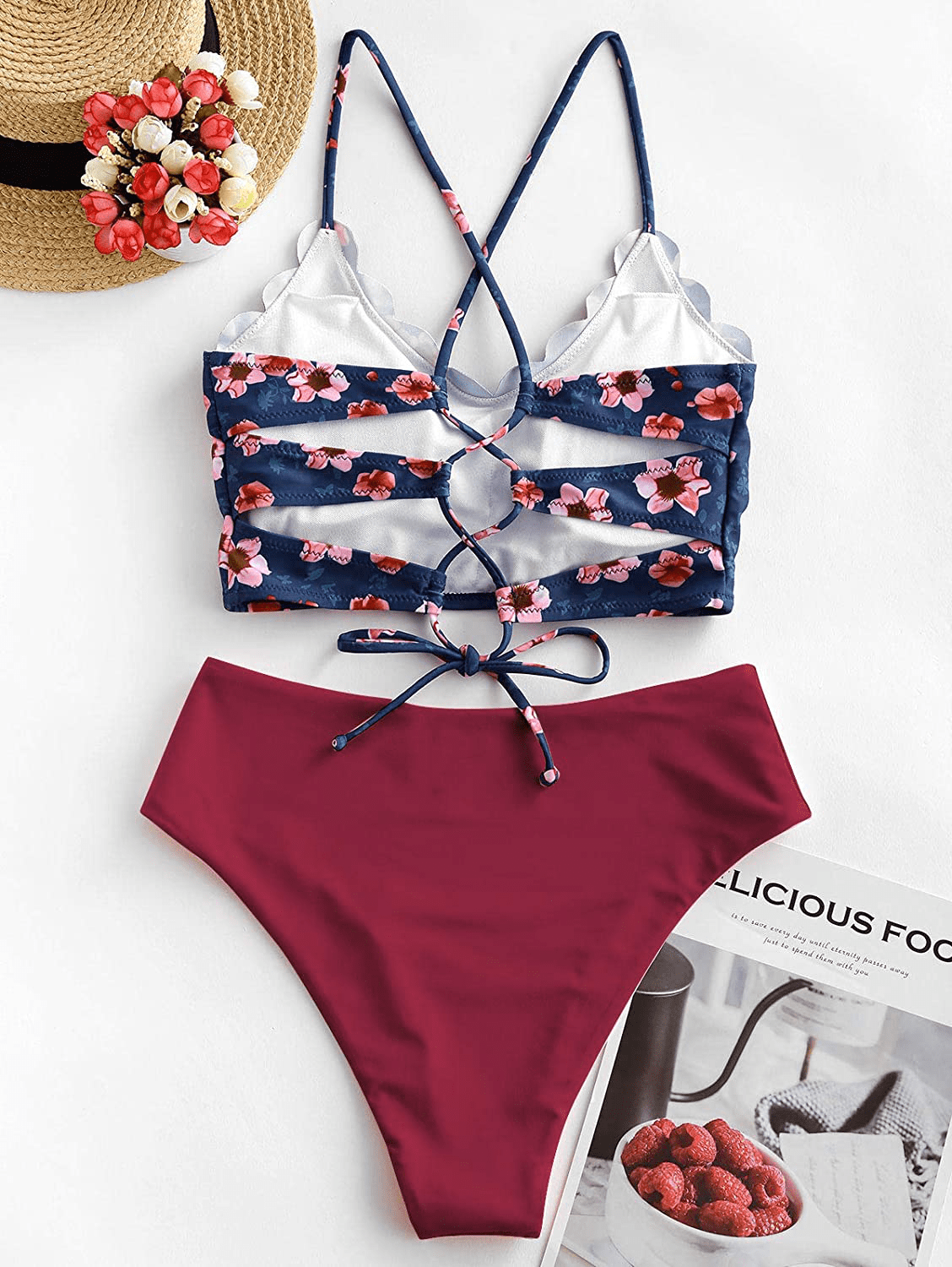 ZAFUL Women's High Waisted Wide Strap Adjustable Back Lace-up Bikini Set Swimsuit Apparel & Accessories > Clothing > Swimwear ZAFUL   
