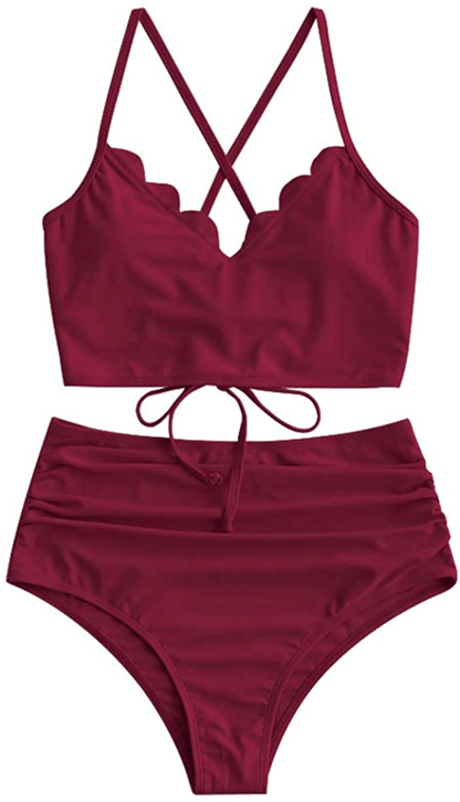 ZAFUL Women's High Waisted Wide Strap Adjustable Back Lace-up Bikini Set Swimsuit Apparel & Accessories > Clothing > Swimwear ZAFUL Red Wine-ruched Medium 