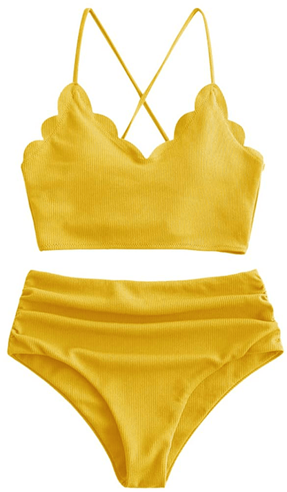 ZAFUL Women's High Waisted Wide Strap Adjustable Back Lace-up Bikini Set Swimsuit Apparel & Accessories > Clothing > Swimwear ZAFUL Rubber Ducky Yellow-b Medium 