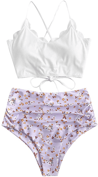 ZAFUL Women's High Waisted Wide Strap Adjustable Back Lace-up Bikini Set Swimsuit Apparel & Accessories > Clothing > Swimwear ZAFUL White&light Purple-flower Large 