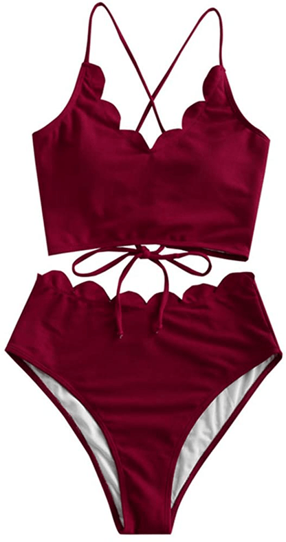 ZAFUL Women's High Waisted Wide Strap Adjustable Back Lace-up Bikini Set Swimsuit Apparel & Accessories > Clothing > Swimwear ZAFUL Ruby Red-a Small 