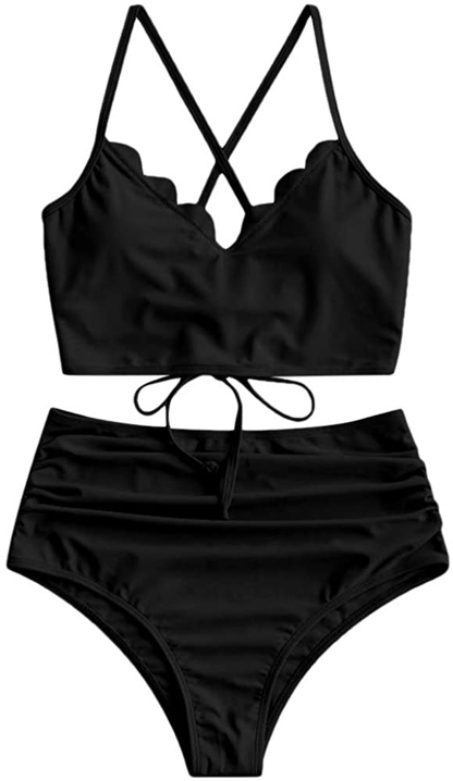 ZAFUL Women's High Waisted Wide Strap Adjustable Back Lace-up Bikini Set Swimsuit Apparel & Accessories > Clothing > Swimwear ZAFUL Black-ruched X-Large 