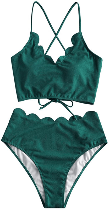 ZAFUL Women's High Waisted Wide Strap Adjustable Back Lace-up Bikini Set Swimsuit Apparel & Accessories > Clothing > Swimwear ZAFUL Peacock Blue-a Large 