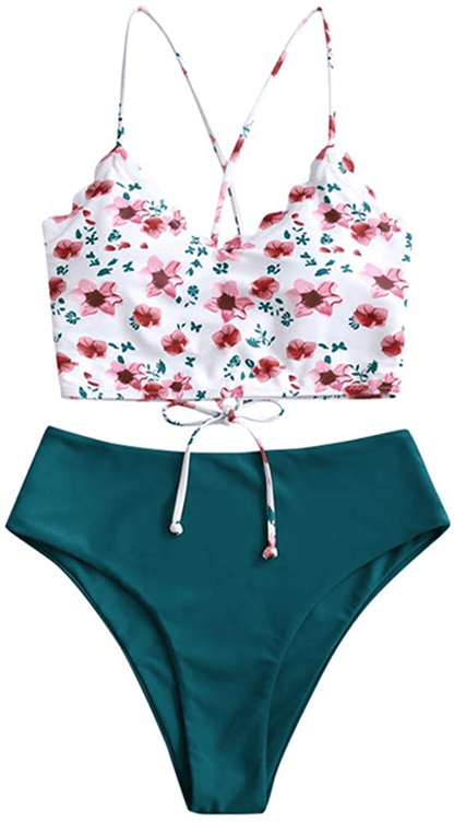 ZAFUL Women's High Waisted Wide Strap Adjustable Back Lace-up Bikini Set Swimsuit Apparel & Accessories > Clothing > Swimwear ZAFUL White&peacock Blue-floral Small 
