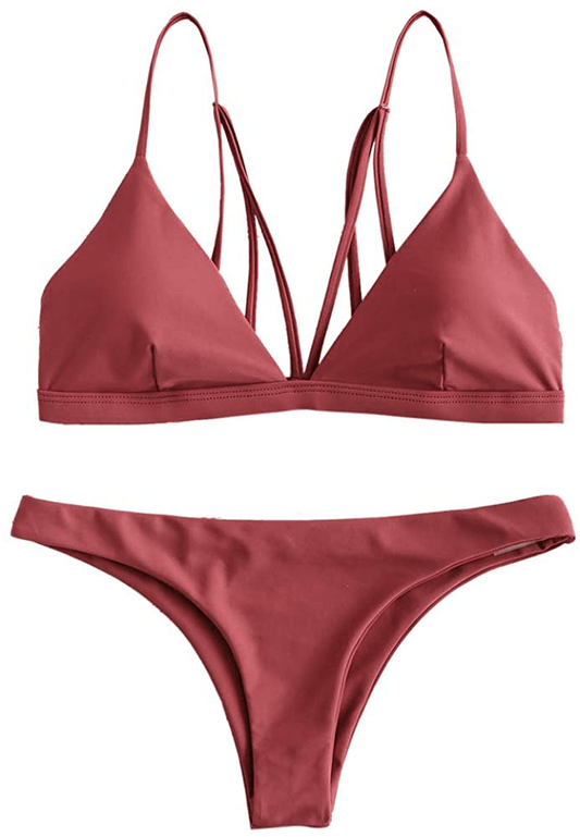 ZAFUL Women's Leaf Print Bathing Suits Adjustable Straps Bikini Set Apparel & Accessories > Clothing > Swimwear ZAFUL Red-back Strappy Small 