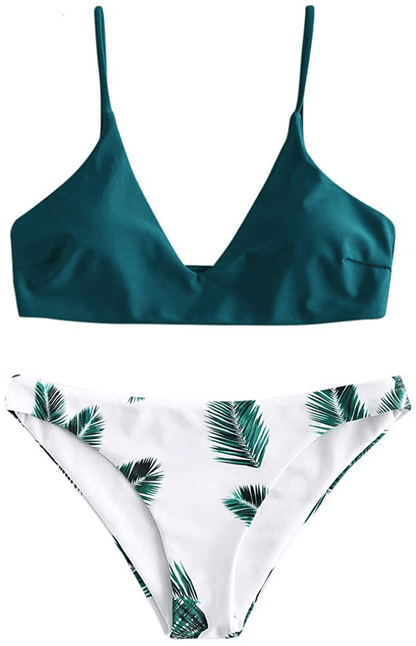 ZAFUL Women's Leaf Print Bathing Suits Adjustable Straps Bikini Set Apparel & Accessories > Clothing > Swimwear ZAFUL Peacock Blue Small 