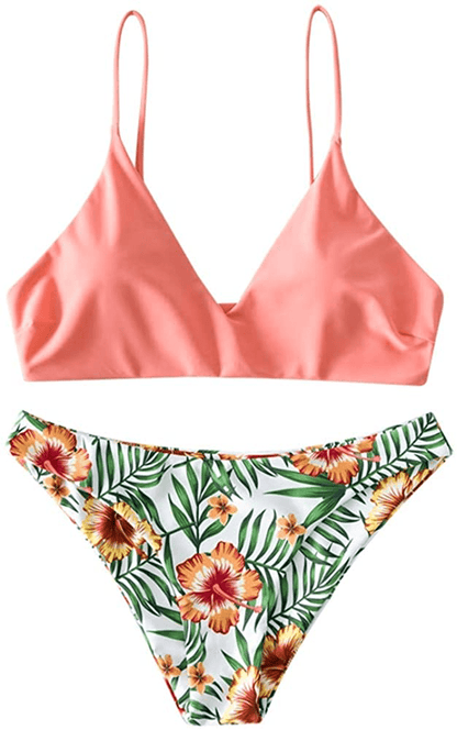 ZAFUL Women's Leaf Print Bathing Suits Adjustable Straps Bikini Set Apparel & Accessories > Clothing > Swimwear ZAFUL Orange Pink-b Small 