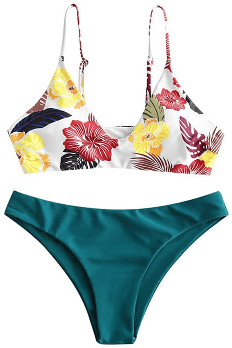 ZAFUL Women's Leaf Print Bathing Suits Adjustable Straps Bikini Set Apparel & Accessories > Clothing > Swimwear ZAFUL Peacock Blue-floral Leaf Medium 