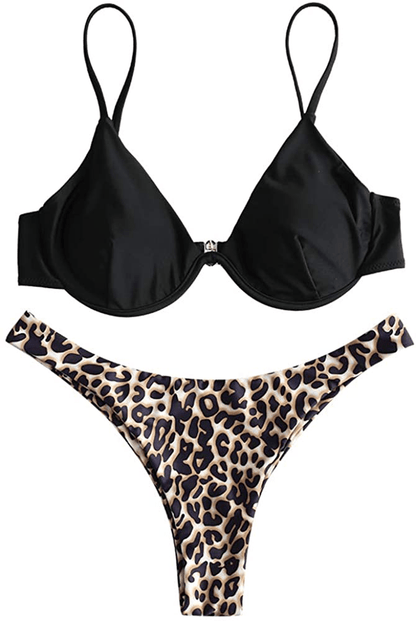 ZAFUL Women's Leopard Print Underwire High Cut Triangle Bikini Set Swimsuit Apparel & Accessories > Clothing > Swimwear ZAFUL A-black Large 
