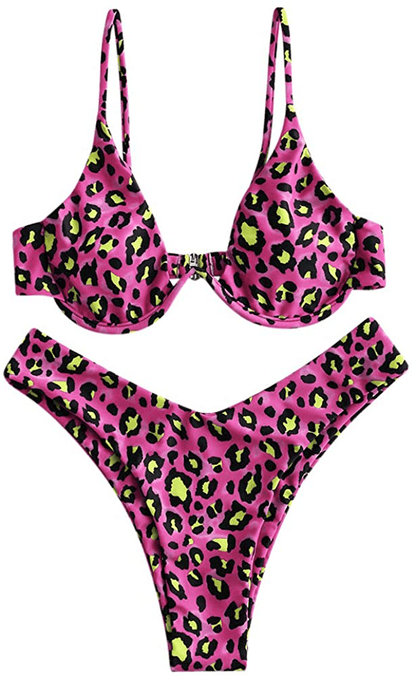 ZAFUL Women's Leopard Print Underwire High Cut Triangle Bikini Set Swimsuit Apparel & Accessories > Clothing > Swimwear ZAFUL Rose Red Medium 