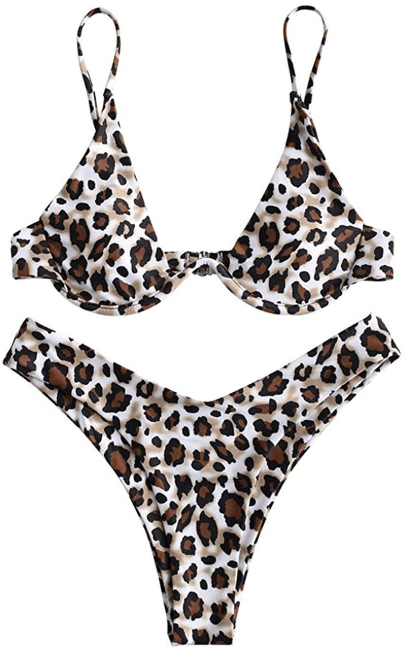 ZAFUL Women's Leopard Print Underwire High Cut Triangle Bikini Set Swimsuit Apparel & Accessories > Clothing > Swimwear ZAFUL Light Khaki Small 