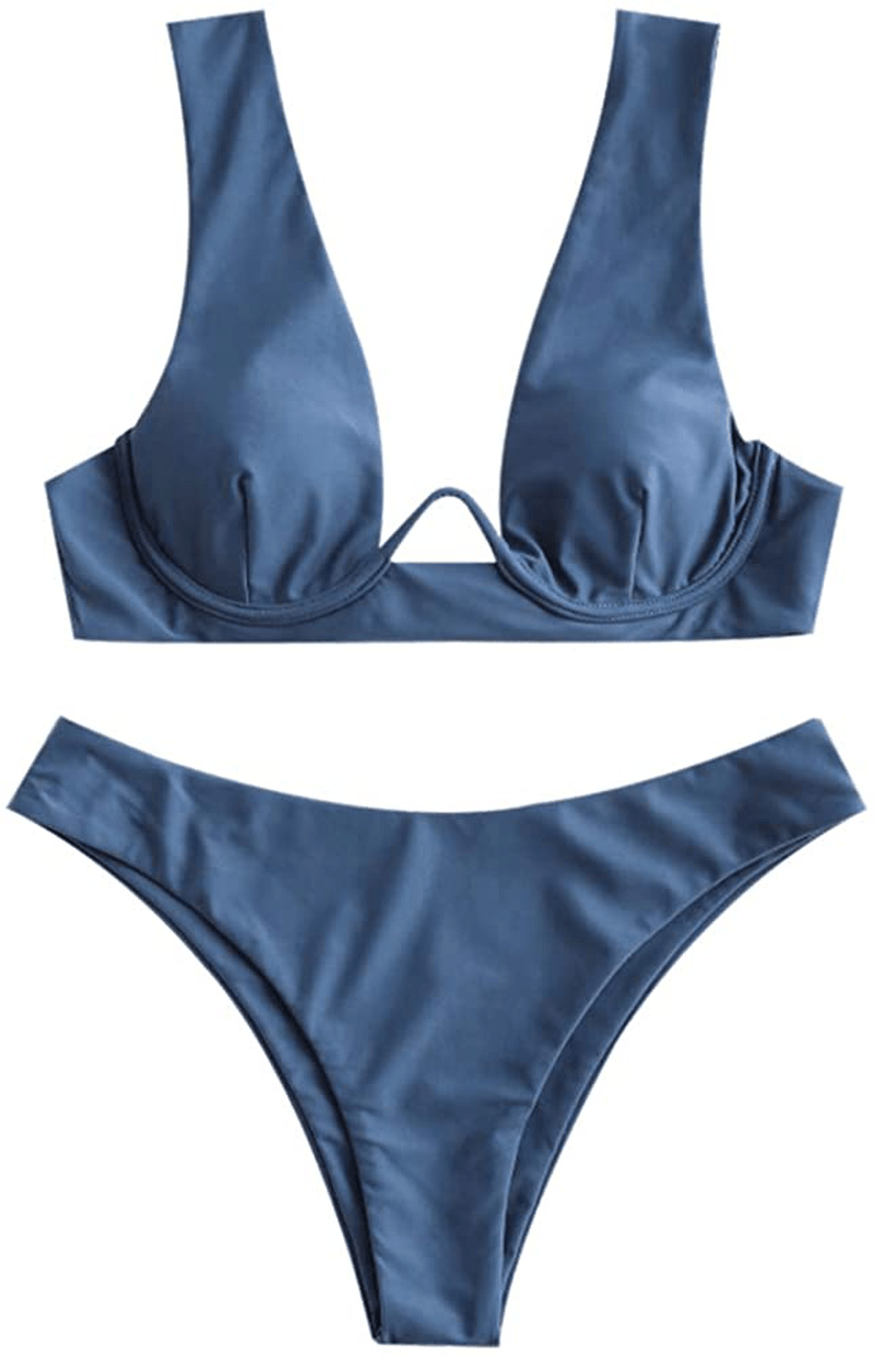 ZAFUL Women's Leopard Print Underwire High Cut Triangle Bikini Set Swimsuit Apparel & Accessories > Clothing > Swimwear ZAFUL Tie Back-blue Large 