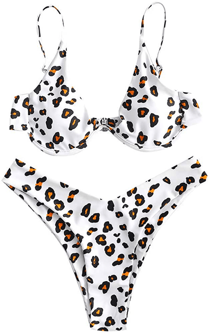 ZAFUL Women's Leopard Print Underwire High Cut Triangle Bikini Set Swimsuit Apparel & Accessories > Clothing > Swimwear ZAFUL White Large 