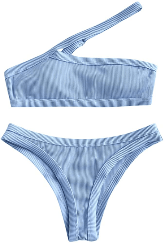 ZAFUL Women's One Shoulder Cut Out Ribbed Bandeau Bikini Set Two Piece Swimsuit Apparel & Accessories > Clothing > Swimwear ZAFUL P-sky Blue Small 