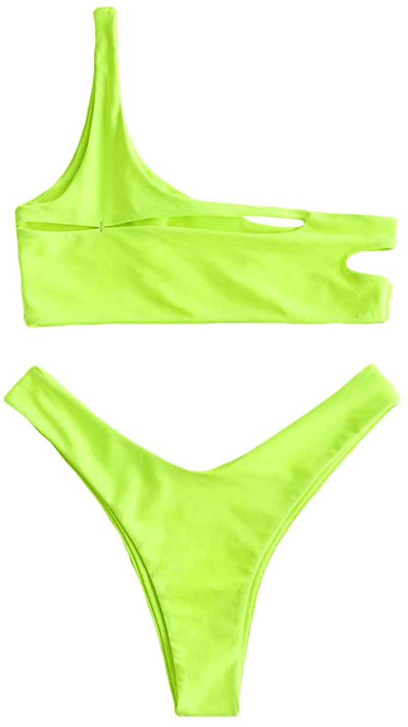 ZAFUL Women's One Shoulder Cut Out Ribbed Bandeau Bikini Set Two Piece Swimsuit Apparel & Accessories > Clothing > Swimwear ZAFUL Q- Green Yellow Large 