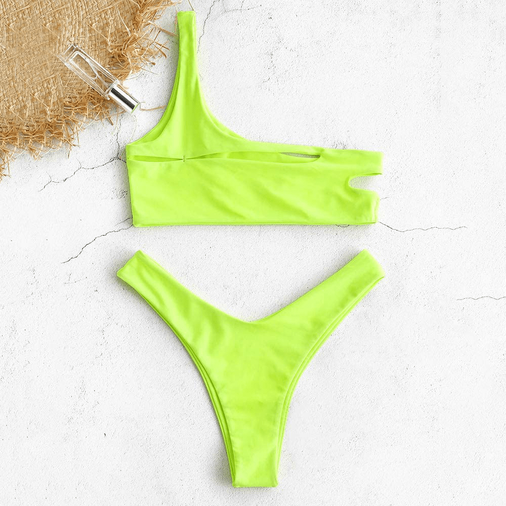 ZAFUL Women's One Shoulder Cut Out Ribbed Bandeau Bikini Set Two Piece Swimsuit Apparel & Accessories > Clothing > Swimwear ZAFUL   