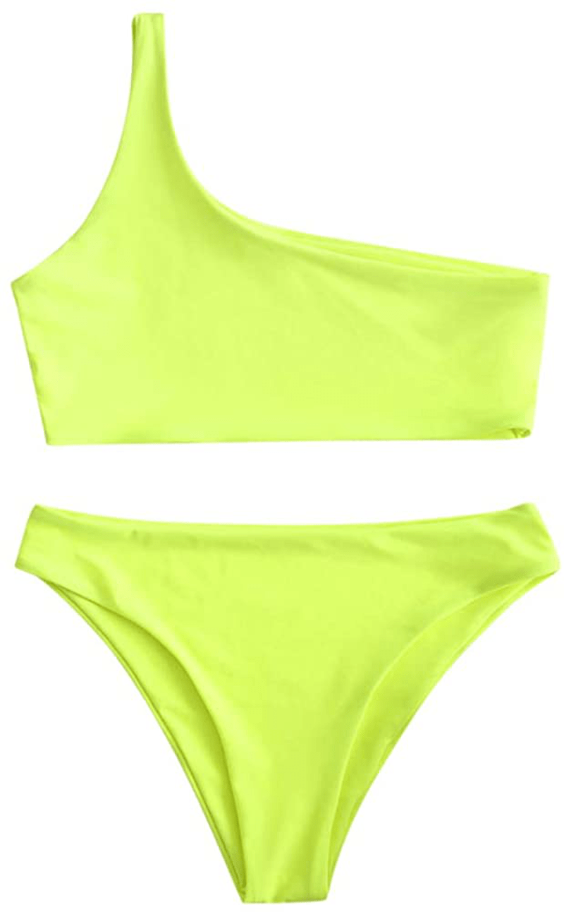 ZAFUL Women's One Shoulder Cut Out Ribbed Bandeau Bikini Set Two Piece Swimsuit Apparel & Accessories > Clothing > Swimwear ZAFUL R-tea Green Small 