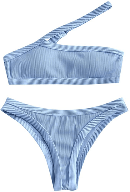 ZAFUL Women's One Shoulder Cut Out Ribbed Bandeau Bikini Set Two Piece Swimsuit Apparel & Accessories > Clothing > Swimwear ZAFUL P-sky Blue Medium 