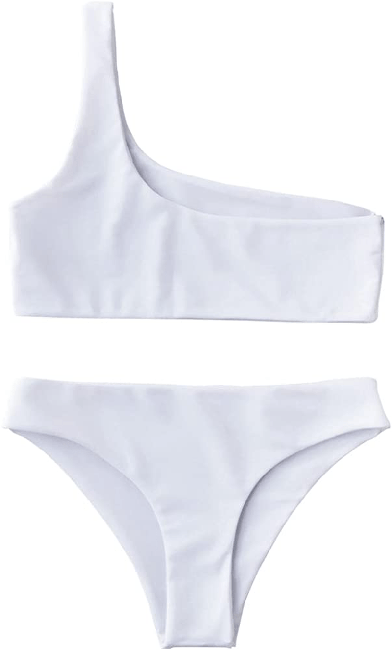 ZAFUL Women's One Shoulder Cut Out Ribbed Bandeau Bikini Set Two Piece Swimsuit Apparel & Accessories > Clothing > Swimwear ZAFUL R-white Small 
