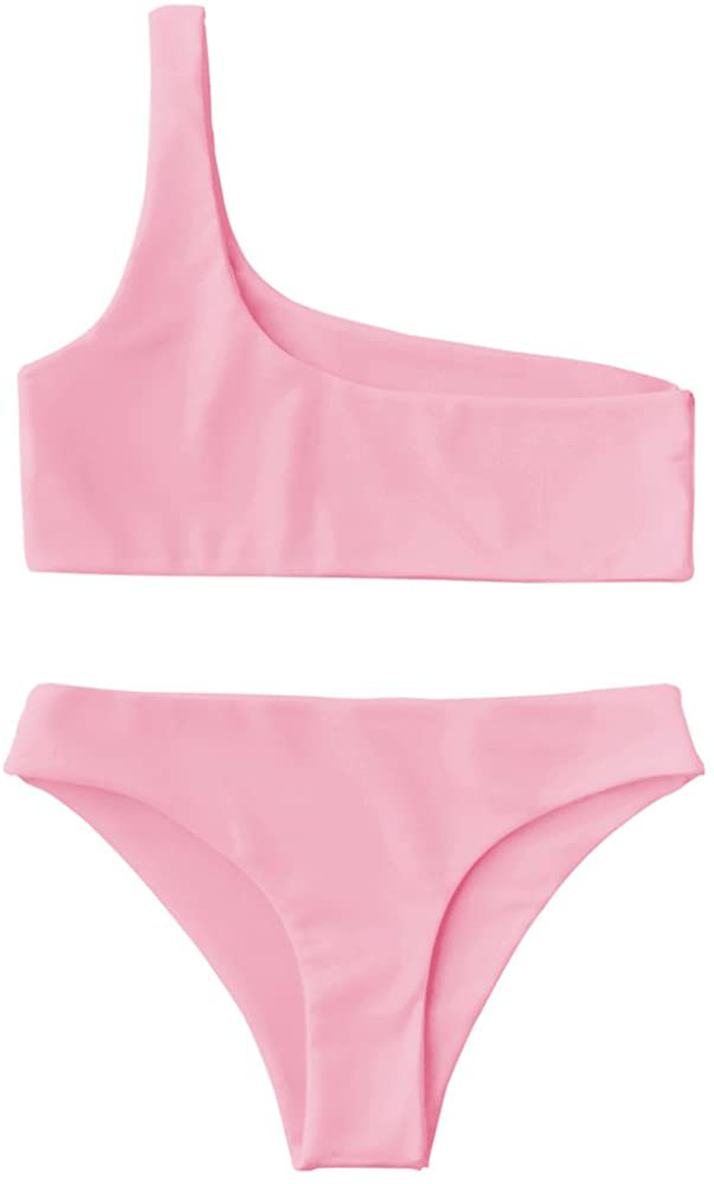 ZAFUL Women's One Shoulder Cut Out Ribbed Bandeau Bikini Set Two Piece Swimsuit Apparel & Accessories > Clothing > Swimwear ZAFUL R-pink Small 