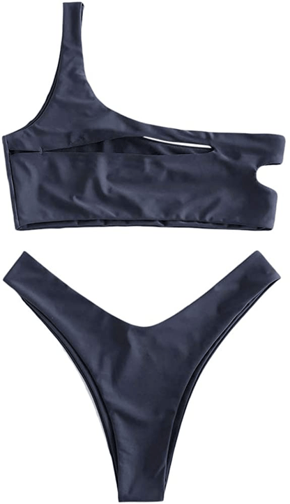 ZAFUL Women's One Shoulder Cut Out Ribbed Bandeau Bikini Set Two Piece Swimsuit Apparel & Accessories > Clothing > Swimwear ZAFUL Q- Mist Blue Medium 