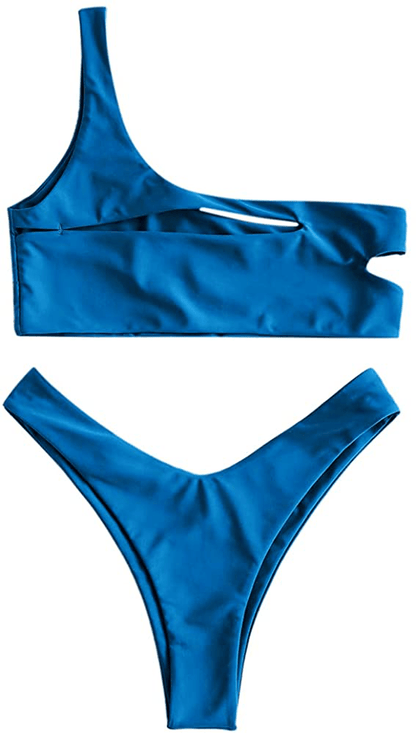 ZAFUL Women's One Shoulder Cut Out Ribbed Bandeau Bikini Set Two Piece Swimsuit Apparel & Accessories > Clothing > Swimwear ZAFUL Q-cobalt Blue Medium 