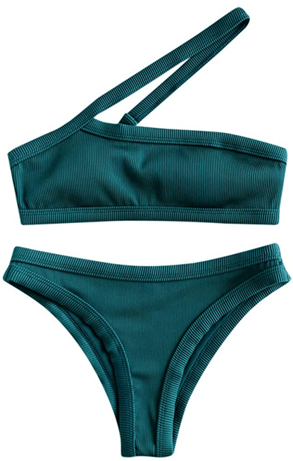 ZAFUL Women's One Shoulder Cut Out Ribbed Bandeau Bikini Set Two Piece Swimsuit Apparel & Accessories > Clothing > Swimwear ZAFUL Peacock Blue Medium 
