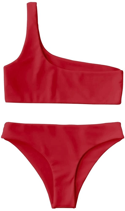 ZAFUL Women's One Shoulder Cut Out Ribbed Bandeau Bikini Set Two Piece Swimsuit Apparel & Accessories > Clothing > Swimwear ZAFUL R-red Small 