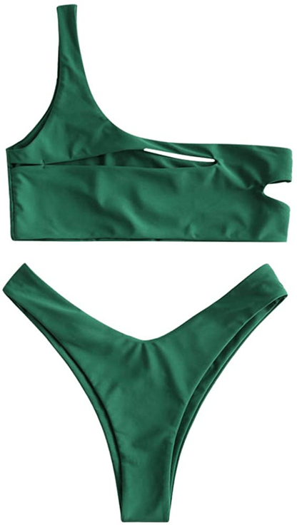ZAFUL Women's One Shoulder Cut Out Ribbed Bandeau Bikini Set Two Piece Swimsuit Apparel & Accessories > Clothing > Swimwear ZAFUL Q- Medium Sea Green Small 