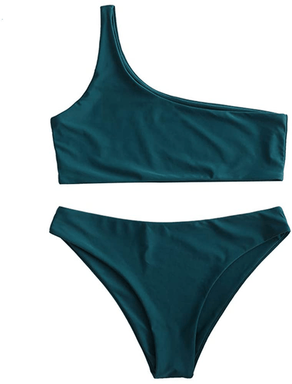 ZAFUL Women's One Shoulder Cut Out Ribbed Bandeau Bikini Set Two Piece Swimsuit Apparel & Accessories > Clothing > Swimwear ZAFUL R-peacock Blue Small 