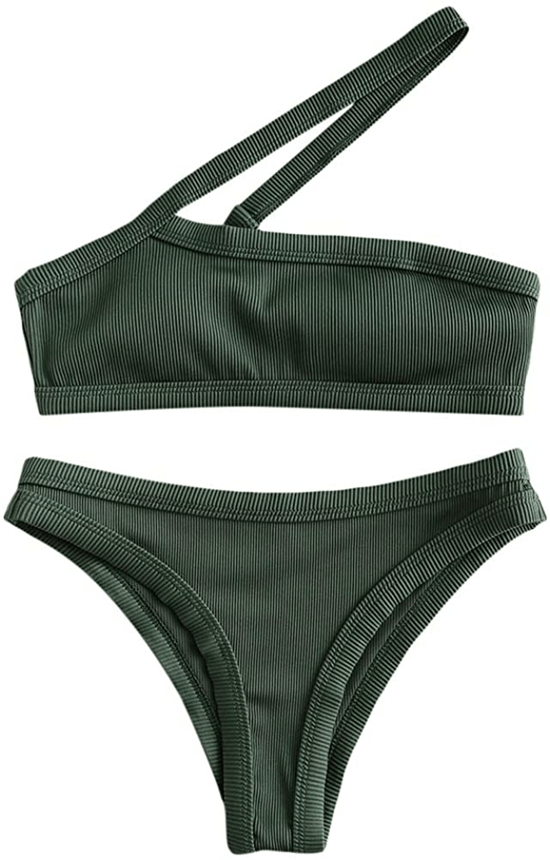 ZAFUL Women's One Shoulder Cut Out Ribbed Bandeau Bikini Set Two Piece Swimsuit Apparel & Accessories > Clothing > Swimwear ZAFUL Deep Green Medium 