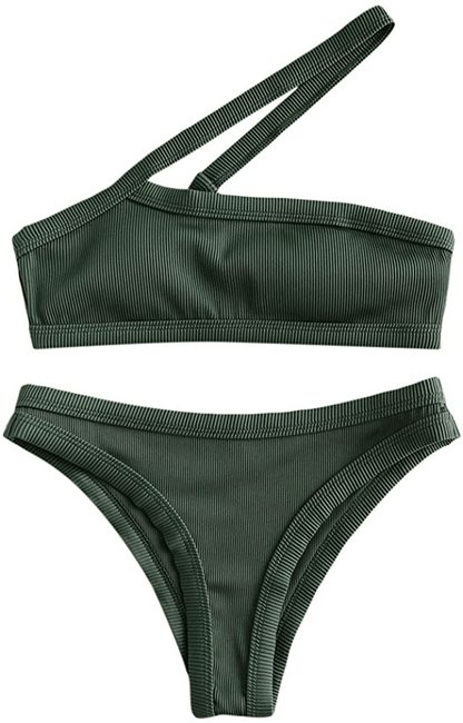 ZAFUL Women's One Shoulder Cut Out Ribbed Bandeau Bikini Set Two Piece Swimsuit Apparel & Accessories > Clothing > Swimwear ZAFUL Deep Green Medium 