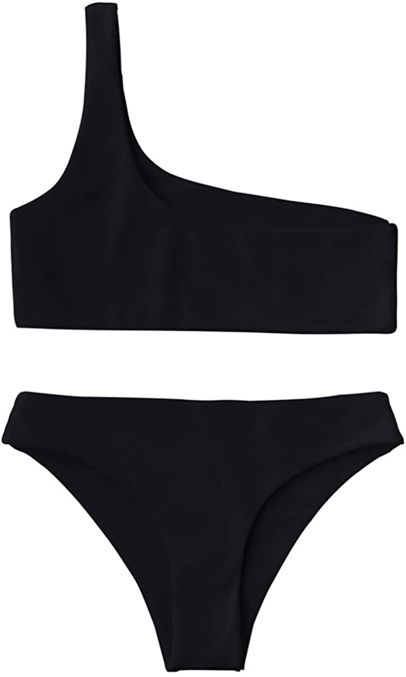 ZAFUL Women's One Shoulder Cut Out Ribbed Bandeau Bikini Set Two Piece Swimsuit Apparel & Accessories > Clothing > Swimwear ZAFUL R-black Medium 